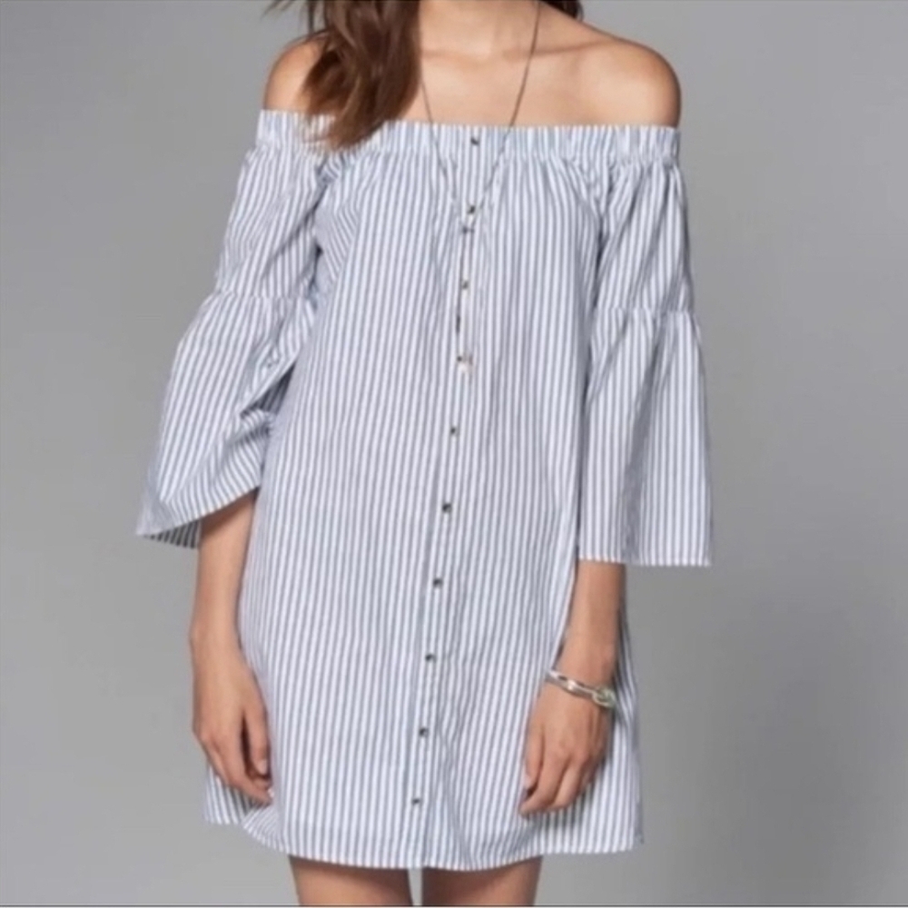 Abercrombie & Fitch Off Shoulder White Blue Pinstripe Dress Bell Sleeve Small
